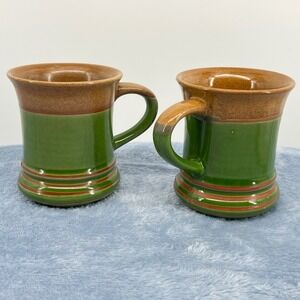 Mid Century Modern Japanese Green & Brown Stoneware Mugs - Set of 2